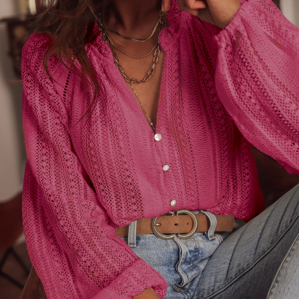 Rose V-Neck Long Sleeve Button Up Lace Shirt